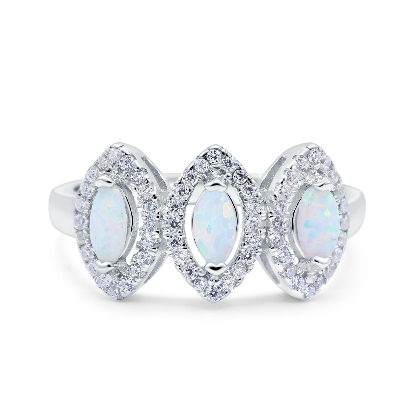 Halo Marquise Three Stone Lab Created White Opal Wedding Bridal Ring