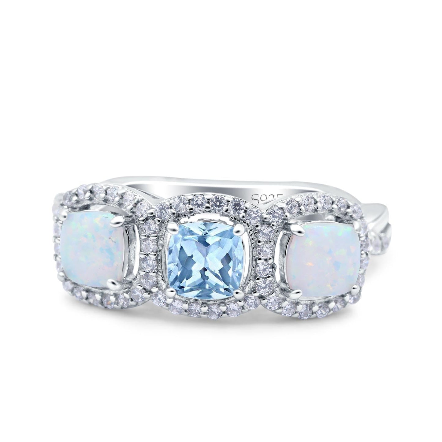 Halo Cushion Art Deco Three Stone Wedding Ring Simulated Aquamarine CZ