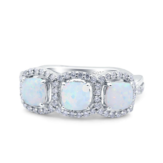 Halo Cushion Art Deco Three Stone Wedding Bridal Ring Lab Created White Opal