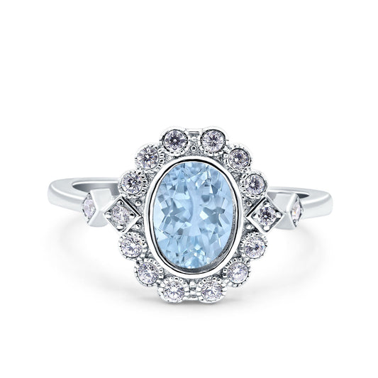 Halo Art Deco Wedding Ring Oval Simulated Aquamarine CZ