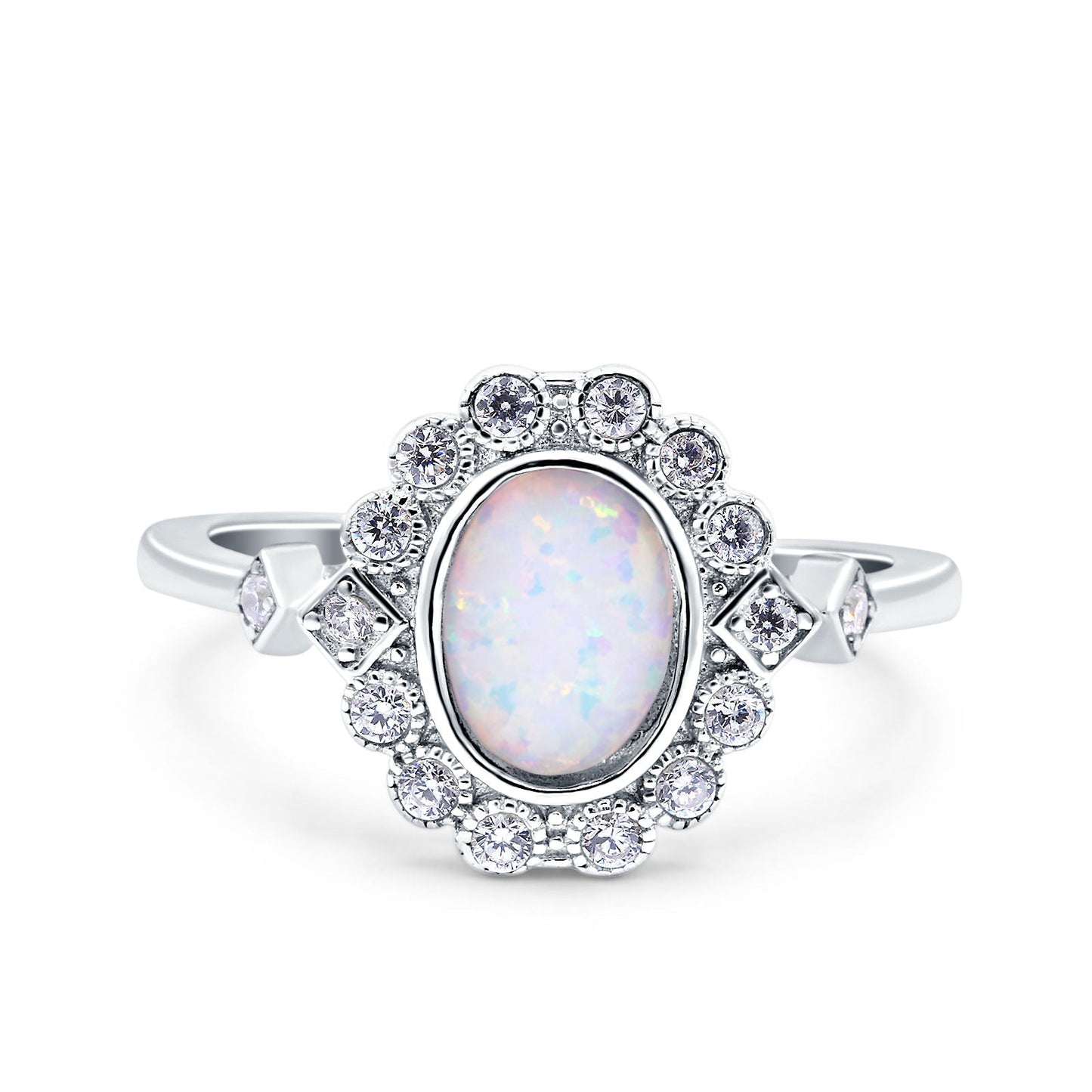 Halo Art Deco Wedding Ring Lab Created White Opal Oval Simulated CZ