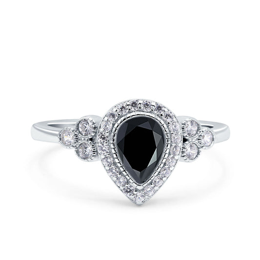 Halo Pear Engagement Ring Black CZ