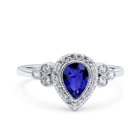 Halo Pear Blue Sapphire CZ Engagement Ring