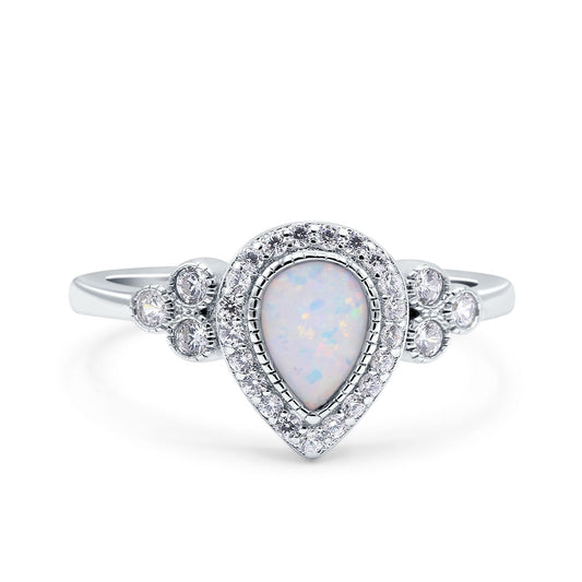 Halo Pear Lab Created White Opal Wedding Ring