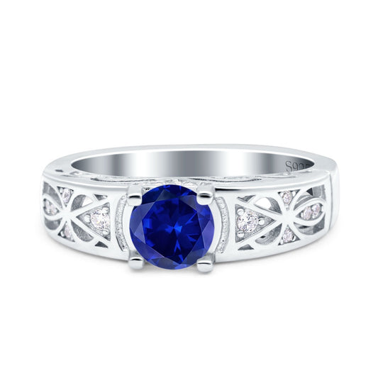 Art Deco Wedding Bridal Ring Band Round Simulated Blue Sapphire CZ