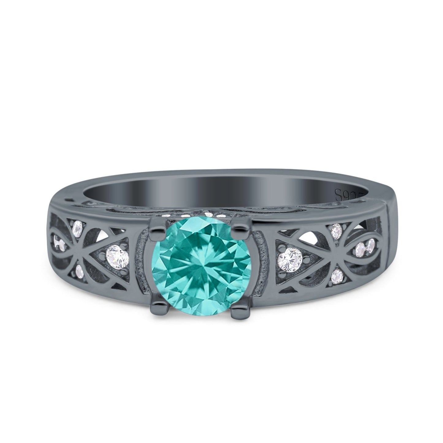 Art Deco Wedding Bridal Ring Band Round Black Tone, Simulated Paraiba Tourmaline CZ