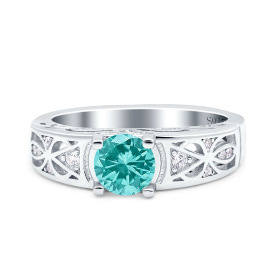 Art Deco Wedding Bridal Ring Band Round Simulated Paraiba Tourmaline CZ