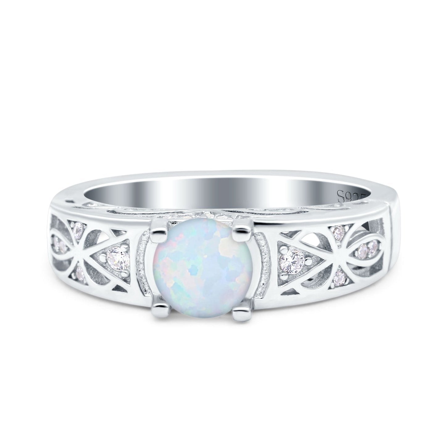 Art Deco Wedding Bridal Ring Band Round Lab Created White Opal