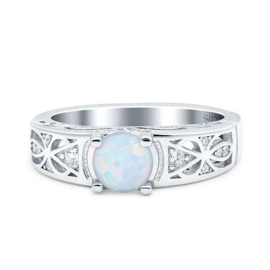 Art Deco Wedding Bridal Ring Band Round Lab Created White Opal