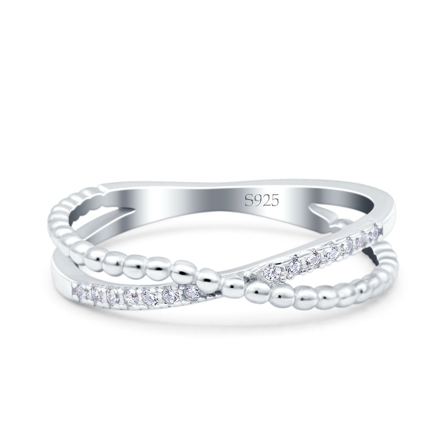 Beaded Criss Cross Half Eternity Wedding Ring Simulated CZ