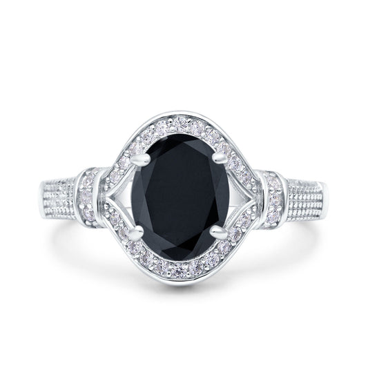 Oval Art Deco Wedding Ring Accent Vintage Simulated Black CZ