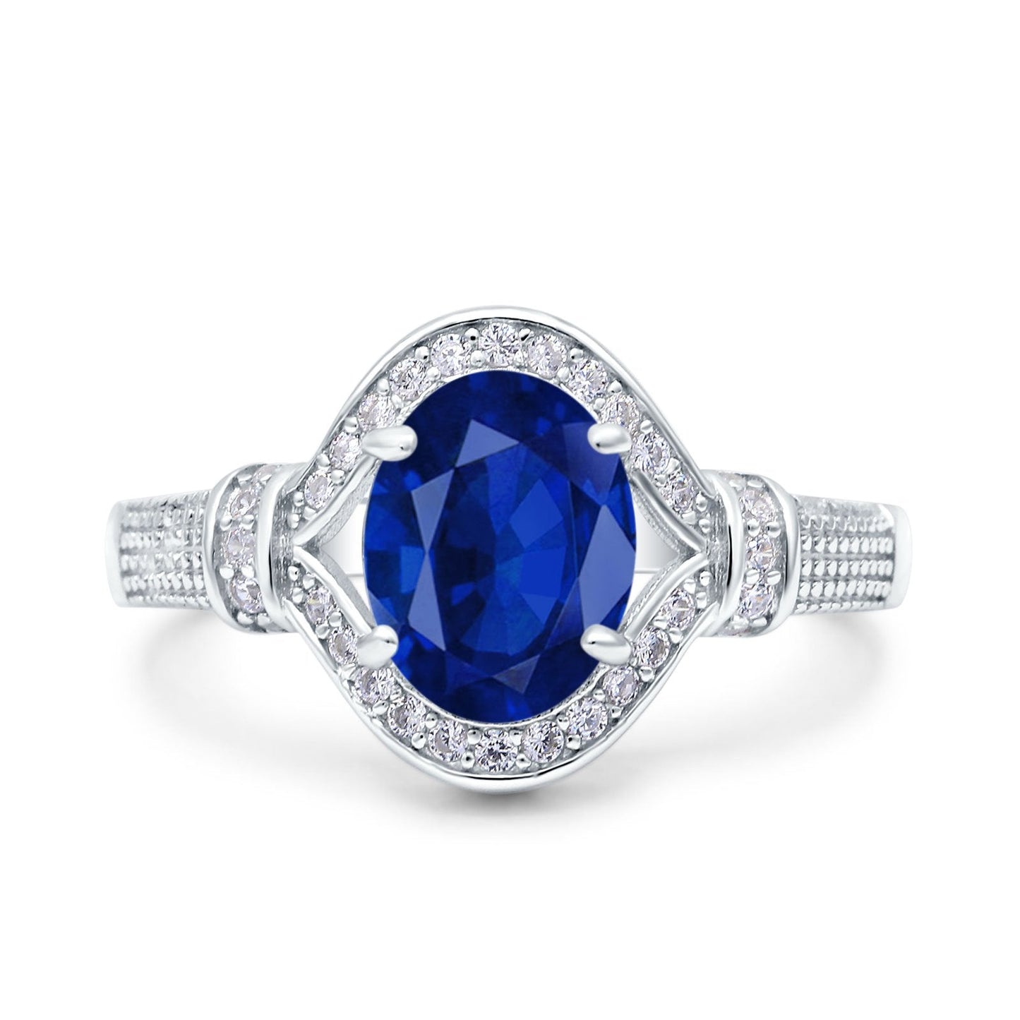 Oval Art Deco Wedding Ring Accent Vintage Simulated Blue Sapphire CZ