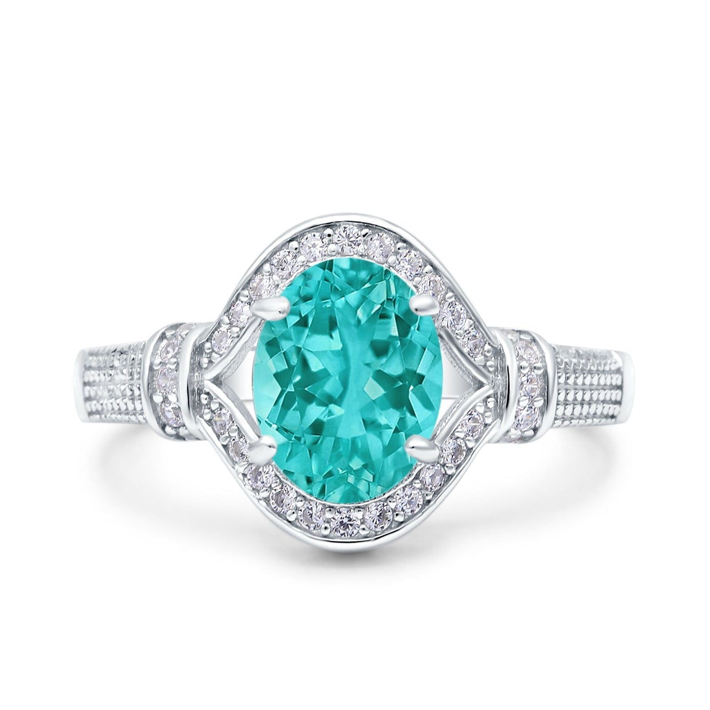 Oval Art Deco Wedding Ring Accent Vintage Simulated Paraiba Tourmaline CZ