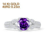 14K White Gold Round Natural Amethyst Floral Leaf Style Diamond Ring