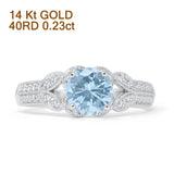 14K White Gold Round Natural Aquamarine Floral Leaf Style Diamond Ring