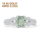 14K White Gold Round Natural Green Amethyst Prasiolite Floral Leaf Style Diamond Ring