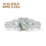 14K White Gold Round Natural Green Moss Agate Floral Leaf Style Diamond Ring