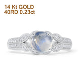 14K White Gold Round Natural Moonstone Floral Leaf Style Diamond Ring