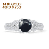 14K White Gold Round Natural Black Onyx Floral Leaf Style Diamond Ring