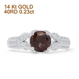 14K White Gold Round Natural Chocolate Smoky Quartz Floral Leaf Style Diamond Ring