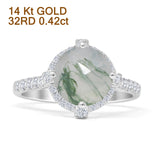 14K White Gold Round Natural Green Moss Agate Halo Diamond Ring