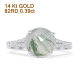 14K White Gold Round Natural Green Moss Agate Halo Designer Diamond Ring