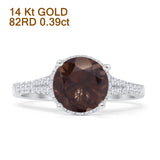 14K White Gold Round Natural Chocolate Smoky Quartz Halo Designer Diamond Ring