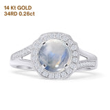 14K White Gold Round Natural Moonstone Split Shank Diamond Ring