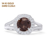 14K White Gold Round Natural Chocolate Smoky Quartz Split Shank Diamond Ring