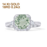 14K White Gold Round Natural Green Amethyst Prasiolite Cushion Cut Diamond Ring