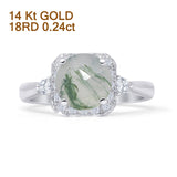14K White Gold Round Natural Green Moss Agate Cushion Cut Diamond Ring