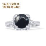 14K White Gold Round Natural Black Onyx Cushion Cut Diamond Ring