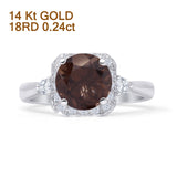 14K White Gold Round Natural Chocolate Smoky Quartz Cushion Cut Diamond Ring