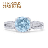 14K White Gold Cushion Halo Natural Aquamarine Split Shank Diamond Ring