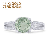 14K White Gold Cushion Halo Natural Green Amethyst Prasiolite Split Shank Diamond Ring