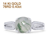 14K White Gold Cushion Halo Natural Green Moss Agate Split Shank Diamond Ring