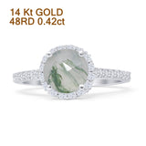 14K White Gold Round Natural Green Moss Agate Halo Designer Diamond Ring