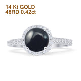 14K White Gold Round Natural Black Onyx Halo Designer Diamond Ring