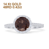 14K White Gold Round Natural Chocolate Smoky Quartz Halo Designer Diamond Ring