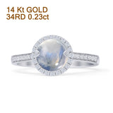 14K White Gold Round Halo Natural Moonstone Diamond Ring