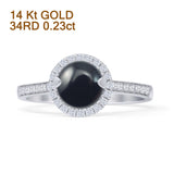 14K White Gold Round Halo Natural Black Onyx Diamond Ring