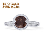 14K White Gold Round Halo Natural Chocolate Smoky Quartz Diamond Ring