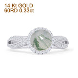 14K White Gold Round Halo Marquise Style Natural Green Moss Agate Diamond Ring
