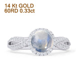 14K White Gold Round Halo Marquise Style Natural Moonstone Diamond Ring