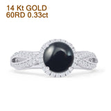 14K White Gold Round Halo Marquise Style Natural Black Onyx Diamond Ring