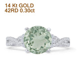 14K White Gold Round Split Shank Twisted Natural Green Amethyst Prasiolite Diamond Ring