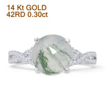 14K White Gold Round Split Shank Twisted Natural Green Moss Agate Diamond Ring