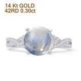 14K White Gold Round Split Shank Twisted Natural Moonstone Diamond Ring