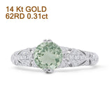 14K White Gold Round Antique Style Natural Green Amethyst Prasiolite Diamond Ring