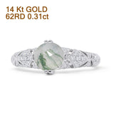 14K White Gold Round Antique Style Natural Green Moss Agate Diamond Ring